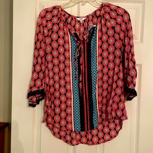 Crown & Ivy pink, blue and mint top with 3/4 length sleeves